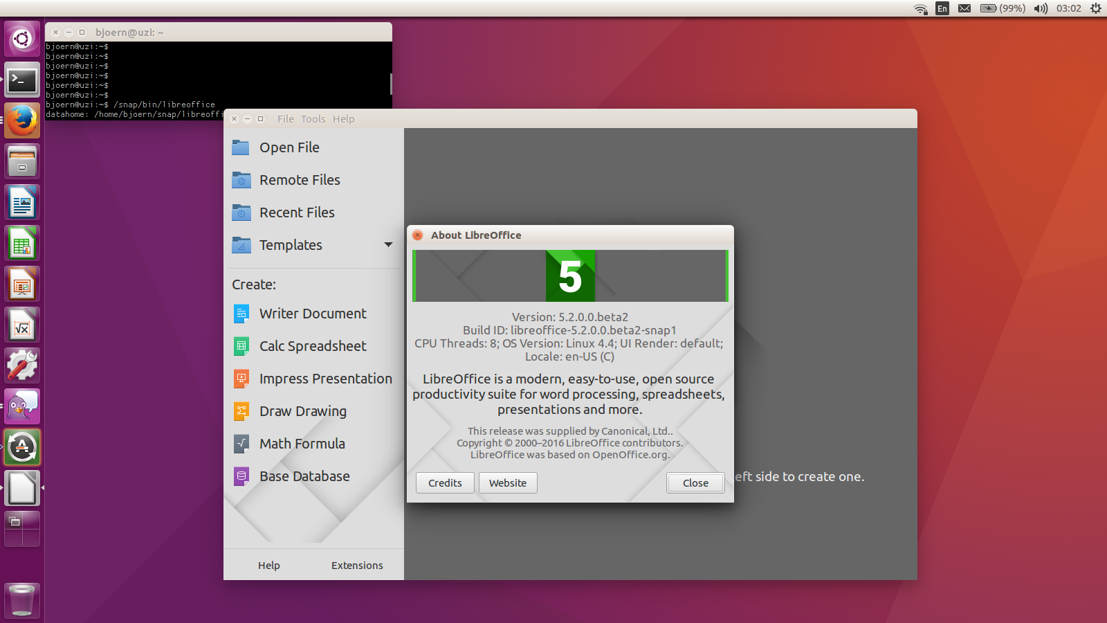LibreOffice 5.2.0 beta2 installed as a snap on Ubuntu 16.04